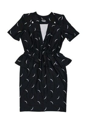 Vintage Tabby of California Dress Peplum Waist Black White Crescent Moon M 80s